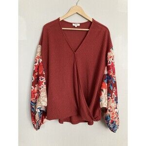 Umgee Wrap Blouse Dolman Sleeve LARGE Red Floral